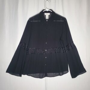 Jordan Sheer Button Top Women Large Black Bead Lace Flare Romantic Witchy Glam